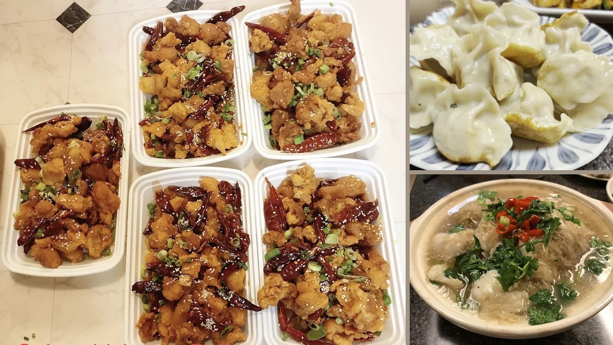 Plates of Chinese dishes on a restaurant table.